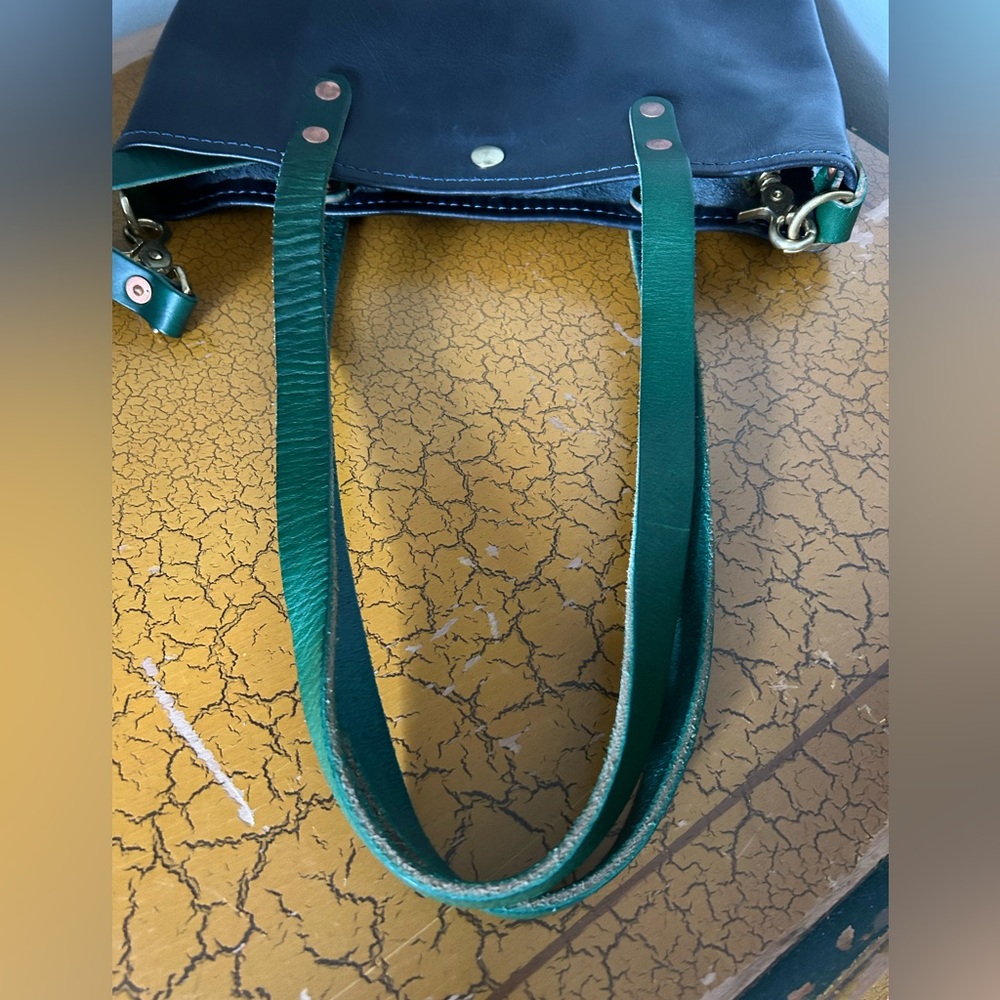 Black Leather Tote with Green Strap - Classic Everyday Bag - Picture 3 of 7